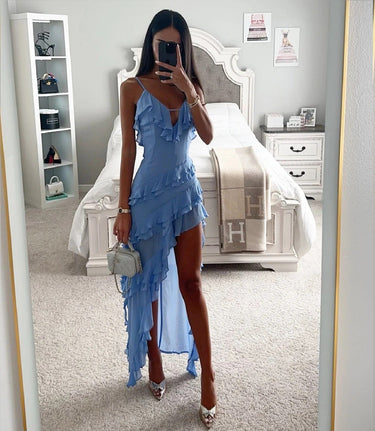 Ruffle Wrap Maxi Dress with Asymmetric Hem