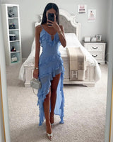 Ruffle Wrap Maxi Dress with Asymmetric Hem