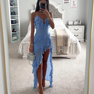 Ruffle Wrap Maxi Dress with Asymmetric Hem