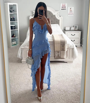 Ruffle Wrap Maxi Dress with Asymmetric Hem