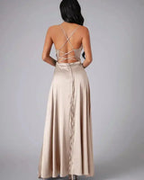 Satin Cowl Neck Maxi Dress with Adjustable Straps and Side Slit