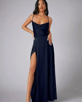 Satin Cowl Neck Maxi Dress with Adjustable Straps and Side Slit
