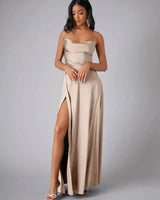 Satin Cowl Neck Maxi Dress with Adjustable Straps and Side Slit