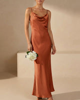 Satin Cowl Neck Maxi Dress with Spaghetti Straps