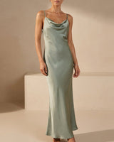 Satin Cowl Neck Maxi Dress with Spaghetti Straps