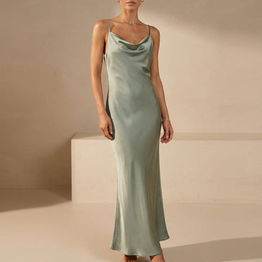 Satin Cowl Neck Maxi Dress with Spaghetti Straps