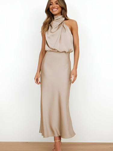Satin Halter-Neck Midi Cocktail Dress with Draped Detail