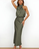 Satin Halter-Neck Midi Cocktail Dress with Draped Detail