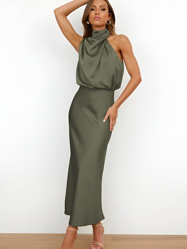 Satin Halter-Neck Midi Cocktail Dress with Draped Detail