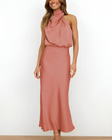 Satin Halter-Neck Midi Cocktail Dress with Draped Detail