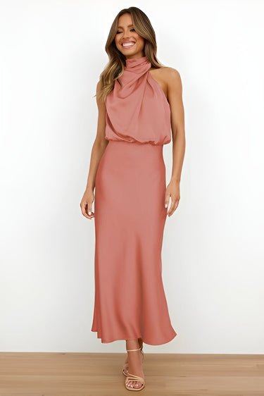 Satin Halter-Neck Midi Cocktail Dress with Draped Detail