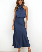 Satin Halter-Neck Midi Cocktail Dress with Draped Detail
