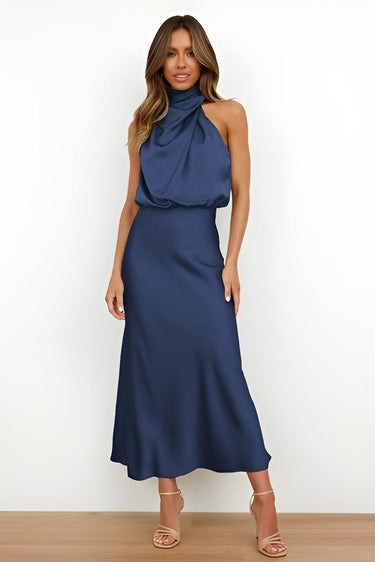 Satin Halter-Neck Midi Cocktail Dress with Draped Detail