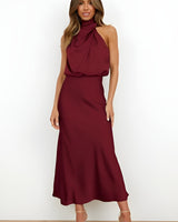 Satin Halter-Neck Midi Cocktail Dress with Draped Detail