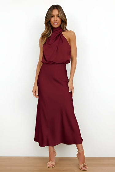 Satin Halter-Neck Midi Cocktail Dress with Draped Detail