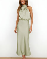 Satin Halter-Neck Midi Cocktail Dress with Draped Detail