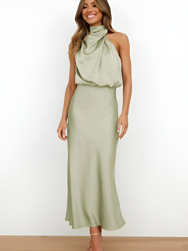 Satin Halter-Neck Midi Cocktail Dress with Draped Detail