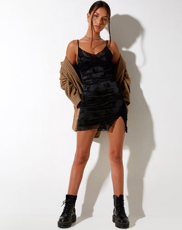Satin Lace Trim Mini Dress with Ruched Detail