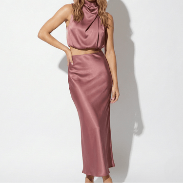 Satin Maxi Skirt Set with High Neck Drape Top