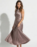 Satin Maxi Skirt Set with High Neck Drape Top