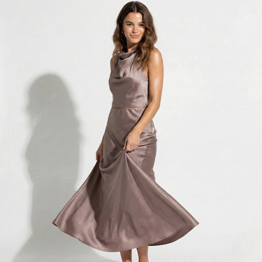 Satin Maxi Skirt Set with High Neck Drape Top