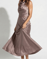 Satin Maxi Skirt Set with High Neck Drape Top