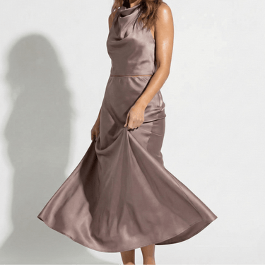 Satin Maxi Skirt Set with High Neck Drape Top
