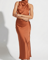 Satin Maxi Skirt Set with High Neck Drape Top