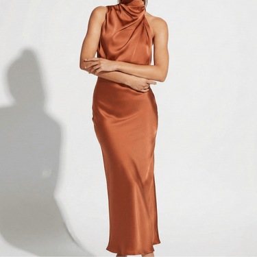 Satin Maxi Skirt Set with High Neck Drape Top