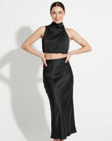 Satin Maxi Skirt Set with High Neck Drape Top