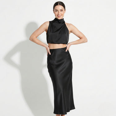 Satin Maxi Skirt Set with High Neck Drape Top