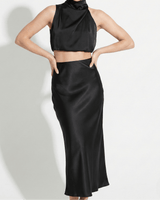 Satin Maxi Skirt Set with High Neck Drape Top