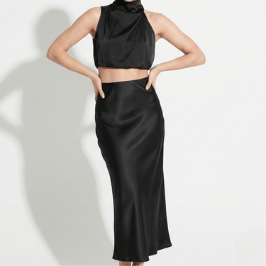 Satin Maxi Skirt Set with High Neck Drape Top