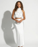 Satin Maxi Skirt Set with High Neck Drape Top