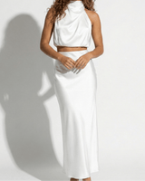 Satin Maxi Skirt Set with High Neck Drape Top