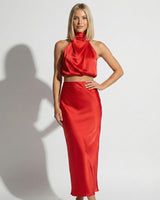 Satin Maxi Skirt Set with High Neck Drape Top