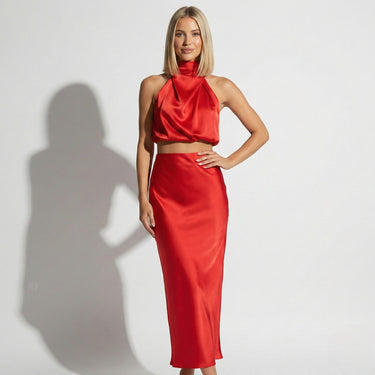 Satin Maxi Skirt Set with High Neck Drape Top