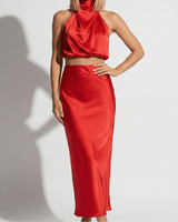 Satin Maxi Skirt Set with High Neck Drape Top