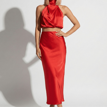 Satin Maxi Skirt Set with High Neck Drape Top