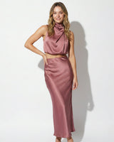 Satin Maxi Skirt Set with High Neck Drape Top
