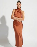 Satin Maxi Skirt Set with High Neck Drape Top