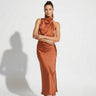 Satin Maxi Skirt Set with High Neck Drape Top