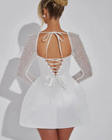 Satin Mini Dress with Rhinestone Mesh Sleeves and Square Neckline