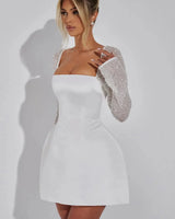 Satin Mini Dress with Rhinestone Mesh Sleeves and Square Neckline