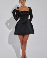 Satin Mini Dress with Rhinestone Mesh Sleeves and Square Neckline