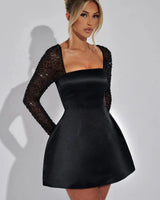 Satin Mini Dress with Rhinestone Mesh Sleeves and Square Neckline