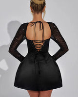 Satin Mini Dress with Rhinestone Mesh Sleeves and Square Neckline