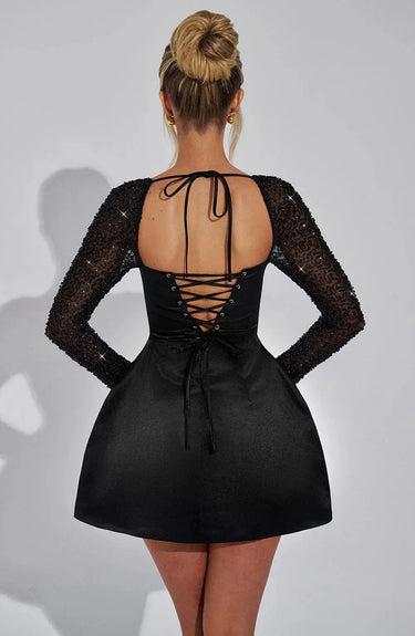 Satin Mini Dress with Rhinestone Mesh Sleeves and Square Neckline
