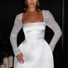 Satin Mini Dress with Rhinestone Mesh Sleeves and Square Neckline