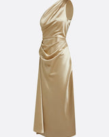 Satin One-Shoulder Midi Dress with Ruched Bodice